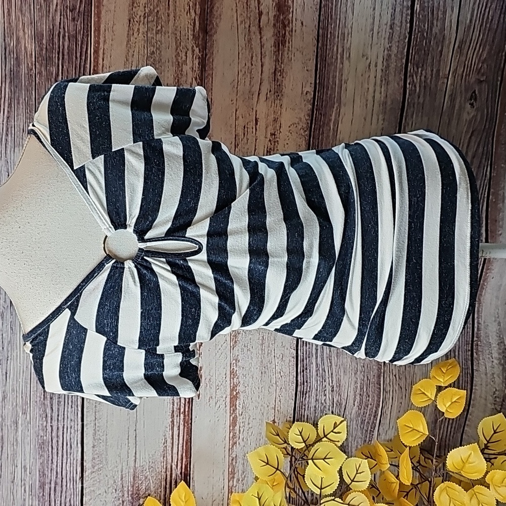 AGENDA BLUE & WHITE STRIPED BOTANICAL SILVER FOIL CUTOUT BACK PULLOVER TEE - Picture 7 of 13